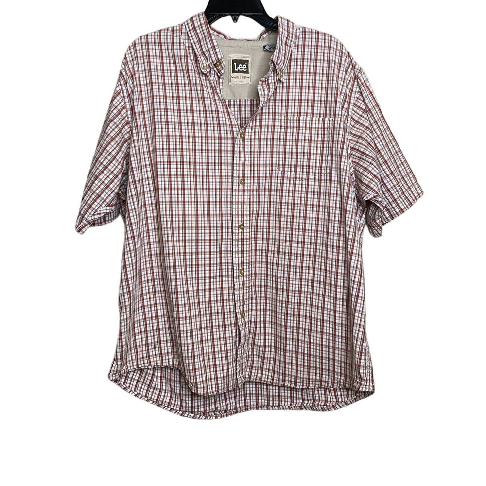 Lee Men's Button Up Shirt Red Beige Plaid Short Sleeve Pocket Cotton X-Large XL